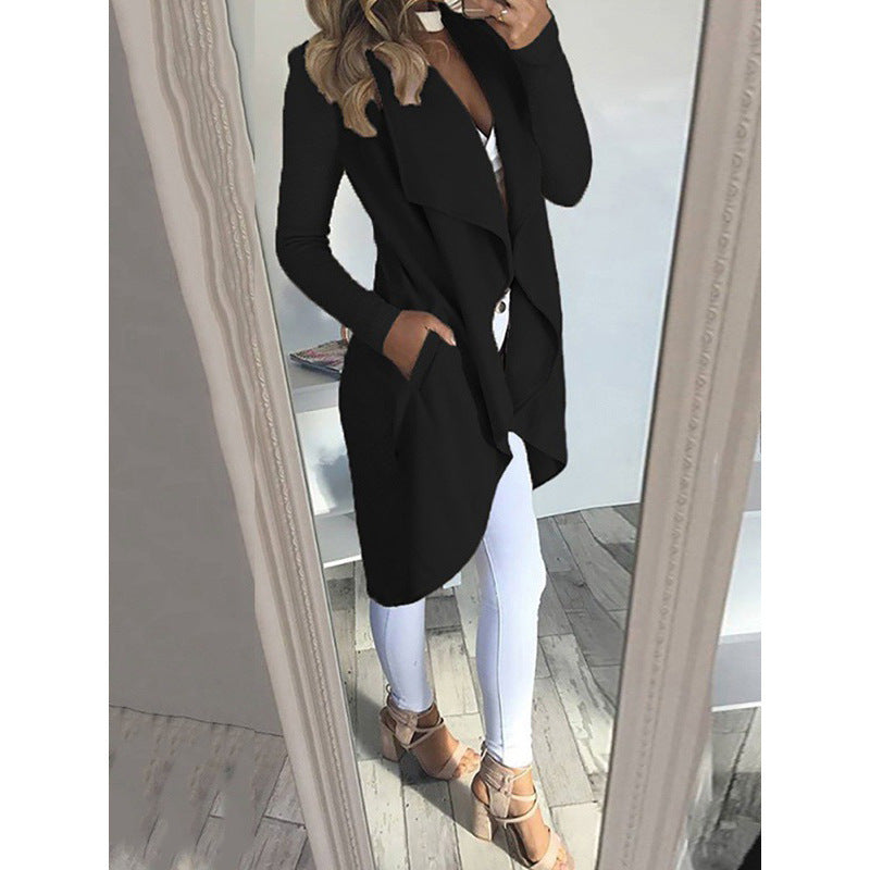 Women's Plus Size Solid Color Polo Collar Slim Fit Long Trench Coat