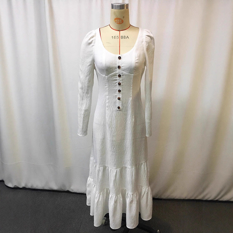 Women's Vintage Western Long Sleeve Ruffle Lace Trim Sexy Maxi Dress With Center Slit Cowgirl Style Dresses