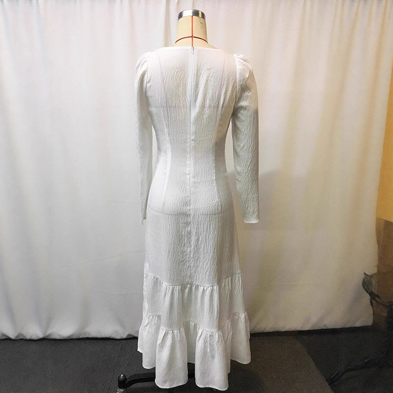 Women's Vintage Western Long Sleeve Ruffle Lace Trim Sexy Maxi Dress With Center Slit Cowgirl Style Dresses