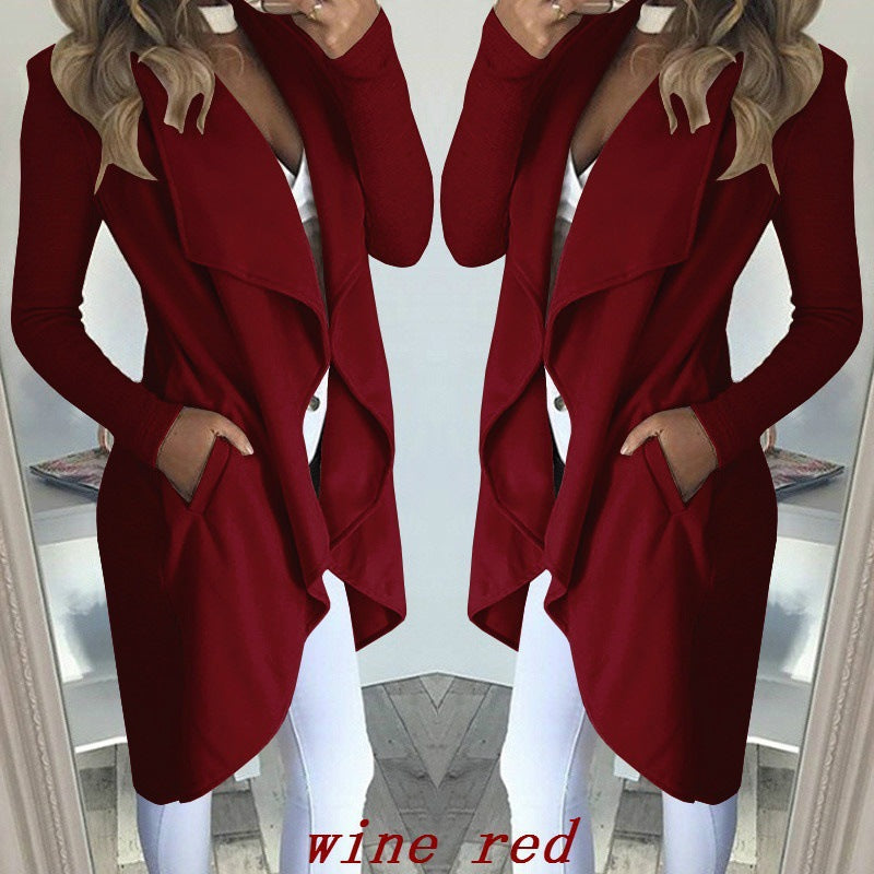 Women's Plus Size Solid Color Polo Collar Slim Fit Long Trench Coat