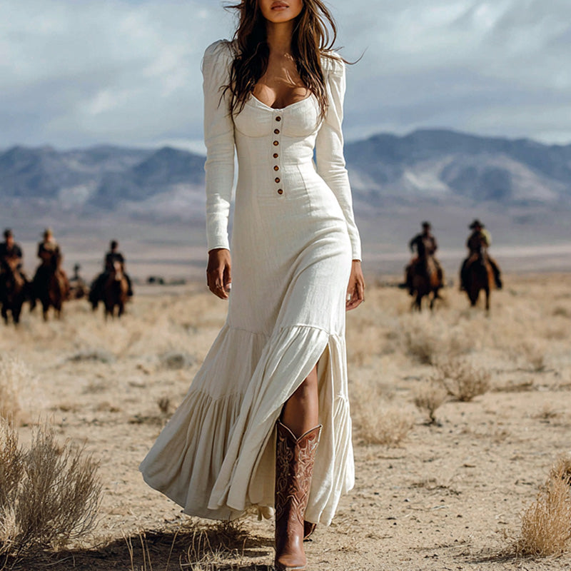 Women's Vintage Western Long Sleeve Ruffle Lace Trim Sexy Maxi Dress With Center Slit Cowgirl Style Dresses