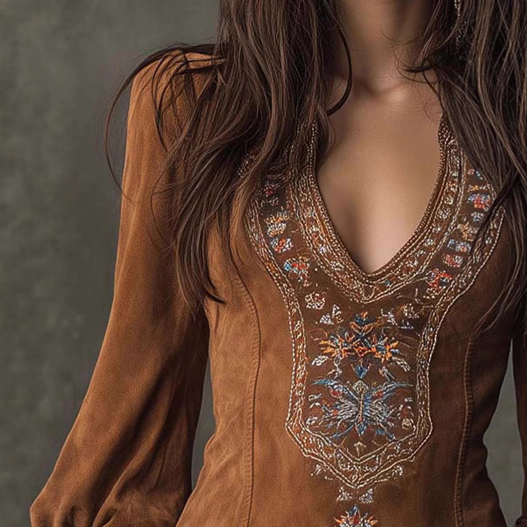 European And American Women's Clothing Long Sleeve V-neck Sexy Dress Embroidery