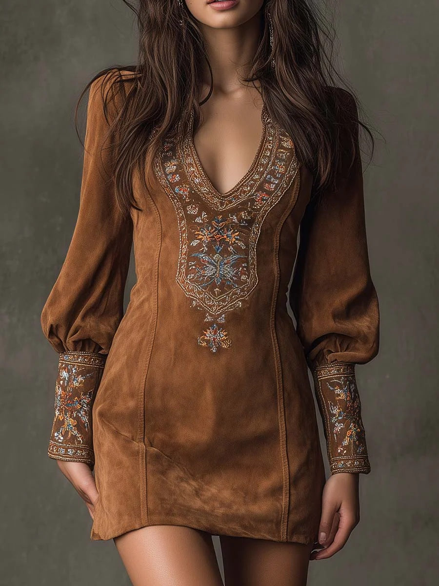 European And American Women's Clothing Long Sleeve V-neck Sexy Dress Embroidery