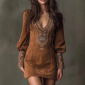 European And American Women's Clothing Long Sleeve V-neck Sexy Dress Embroidery